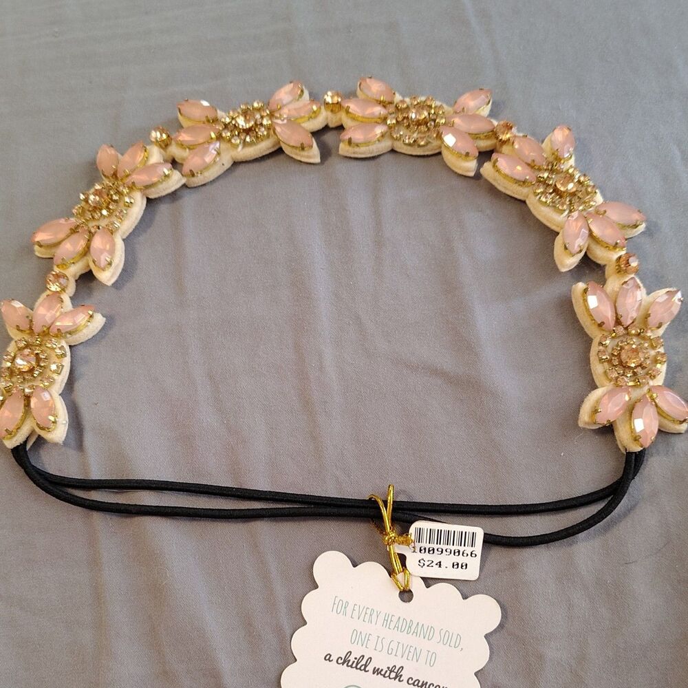 Headbands of Hope Pink Gold Floral Beaded Rhinestone Headband for Women Teens